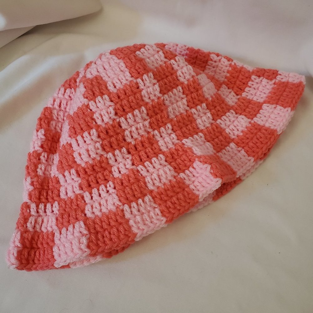 Pink on pink checkered crochet bucket hat